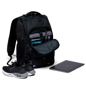 grid-lock-backpack-black_black-lifestyle The Catalogue Grid-Lock Backpack is a polyester backpack with multiple compartments. Shoe compartment. Padded iPad/tablet pocket.