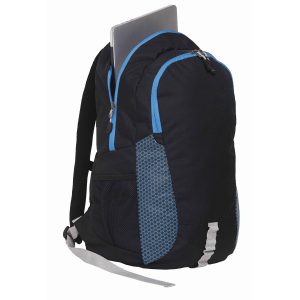 The Catalogue Grommet Backpack is a polyester backpack with multiple compartments. Padded shoulder straps and grab handle.