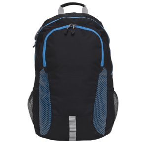 The Catalogue Grommet Backpack is a polyester backpack with multiple compartments. Padded shoulder straps and grab handle.