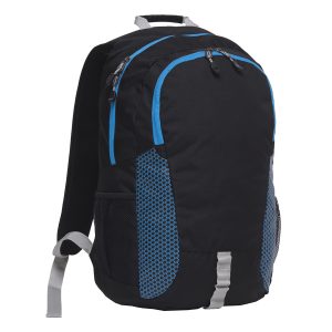 The Catalogue Grommet Backpack is a polyester backpack with multiple compartments. Padded shoulder straps and grab handle.