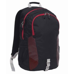 The Catalogue Grommet Backpack is a polyester backpack with multiple compartments. Padded shoulder straps and grab handle.