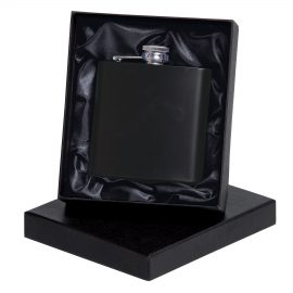 The Catalogue Hip Flask is a stainless steel hip flask in black. BPA free. Silver hinged screw top. Holds up to 117ml.