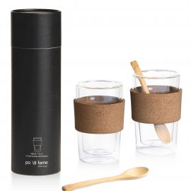 The Catalogue Kafe Double Walled Glass Set is a set of 2 double walled coffee and tea glasses. Bamboo teaspoons included.