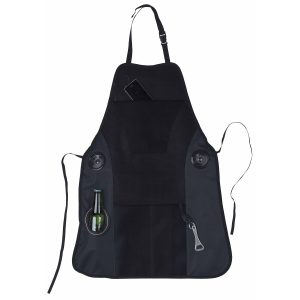 The Catalogue Master Grill Music Apron is a polyester apron with built-in speakers. Detachable bottle opener. Multiple pockets.