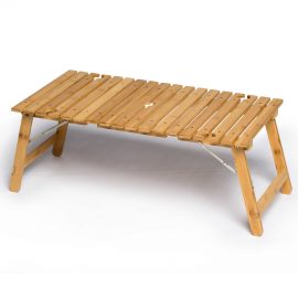 The Catalogue Ombrello Tavolo Table is an alfresco, foldable bamboo table with wine glass holders. Pack away into the included carry bag.