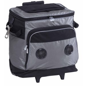 The Catalogue Parkway Music Cooler is a ripstop polyester cooler with built-in speakers and wheels. Multiple pockets. Bottle opener included.