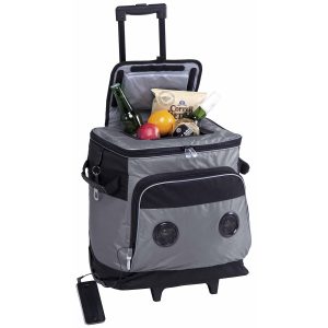 parkway-music-cooler-aluminium_black-handle-extended The Catalogue Parkway Music Cooler is a ripstop polyester cooler with built-in speakers and wheels. Multiple pockets. Bottle opener included.
