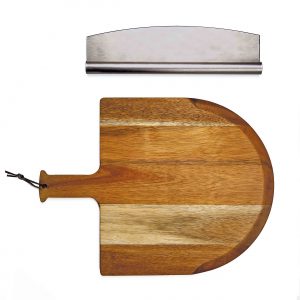 The Catalogue Pizza Peel Set is an Acacia hardwood board with leather loop handle. Stainless steel pizza cutter included.
