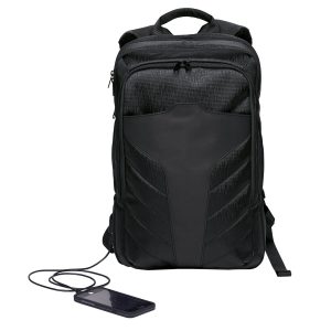 The Catalogue Portal Compu Backpack is a waterproof, polyester backpack with multiple compartments. USB charger port.