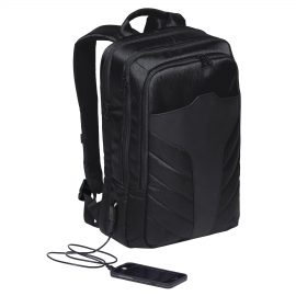 The Catalogue Portal Compu Backpack is a waterproof, polyester backpack with multiple compartments. USB charger port.