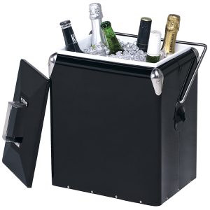 The Catalogue Retro Cooler Box is an iron outer cool box with chrome bar handle. Integrated bottle opener. Holds 6 wine bottles.