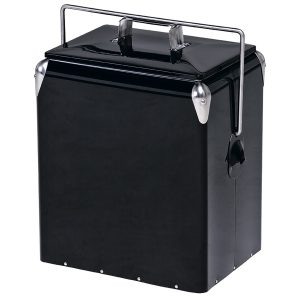 The Catalogue Retro Cooler Box is an iron outer cool box with chrome bar handle. Integrated bottle opener. Holds 6 wine bottles.