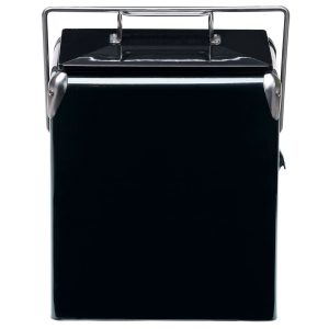 The Catalogue Retro Cooler Box is an iron outer cool box with chrome bar handle. Integrated bottle opener. Holds 6 wine bottles.