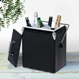 The Catalogue Retro Cooler Box is an iron outer cool box with chrome bar handle. Integrated bottle opener. Holds 6 wine bottles.