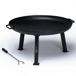 The Catalogue Roadhouse Fire Pit is a high carbon steel fire pit. Side handles with 3 legs. Includes a charcoal rake.