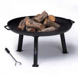 The Catalogue Roadhouse Fire Pit is a high carbon steel fire pit. Side handles with 3 legs. Includes a charcoal rake.