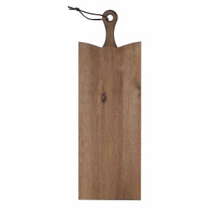 The Catalogue Serving Board is an acacia hardwood board with a bevelled handle. Leather loop for hanging. Each board is unique.