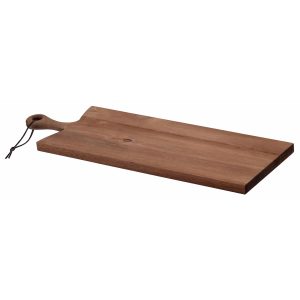 The Catalogue Serving Board is an acacia hardwood board with a bevelled handle. Leather loop for hanging. Each board is unique.