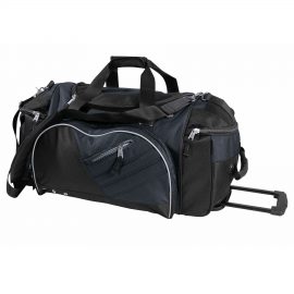 The Catalogue Solitude Travel Bag is a polyester bag with multiple compartments. Skate wheels and telescopic handle. Black/Charcoal.