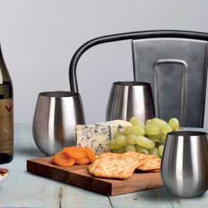 The Catalogue Stemless Stainless Steel Wine Glass Set is a set of 2 brushed stainless wine glasses. Corrosion resistant stainless steel.