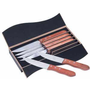 The Catalogue Steak Knife 6 pcs Set is a 6 piece serrated knife set. Made from stainless steel and rosewood. Includes a gift box.