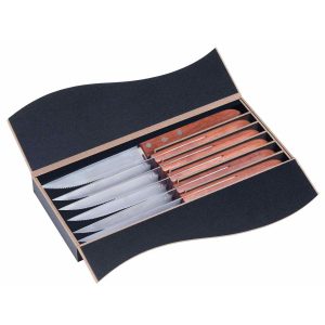 The Catalogue Steak Knife 6 pcs Set is a 6 piece serrated knife set. Made from stainless steel and rosewood. Includes a gift box.