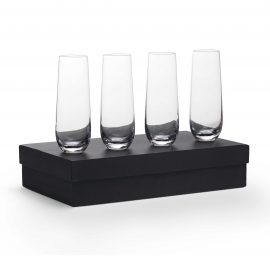 The Catalogue Stemless Champagne Flutes are a set of 4 glass, stemless glasses. Holds 250ml of liquid. Presentation box included.