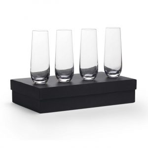 The Catalogue Stemless Champagne Flutes are a set of 4 glass, stemless glasses. Holds 250ml of liquid. Presentation box included.