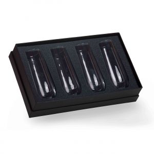 The Catalogue Stemless Champagne Flutes are a set of 4 glass, stemless glasses. Holds 250ml of liquid. Presentation box included.