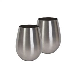 The Catalogue Stemless Stainless Steel Wine Glass Set is a set of 2 brushed stainless wine glasses. Corrosion resistant stainless steel.