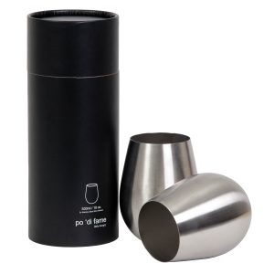The Catalogue Stemless Stainless Steel Wine Glass Set is a set of 2 brushed stainless wine glasses. Corrosion resistant stainless steel.