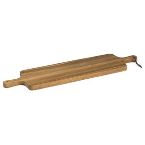 The Catalogue Tapas Serving Board is an acacia hardwood serving board. Dual beveled handle. Leather loop for hanging.