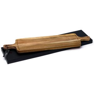 The Catalogue Tapas Serving Board is an acacia hardwood serving board. Dual beveled handle. Leather loop for hanging.