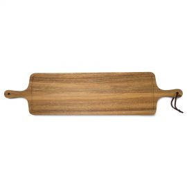 The Catalogue Tapas Serving Board is an acacia hardwood serving board. Dual beveled handle. Leather loop for hanging.