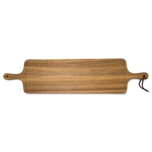 The Catalogue Tapas Serving Board is an acacia hardwood serving board. Dual beveled handle. Leather loop for hanging.