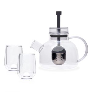 The Catalogue Tea For2 Set is a 3 piece, glass tea set. Stainless steel infuser. Teapot holds 1 litre. Each glass holds 180ml.