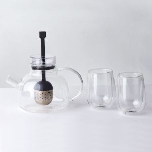 The Catalogue Tea For2 Set is a 3 piece, glass tea set. Stainless steel infuser. Teapot holds 1 litre. Each glass holds 180ml.