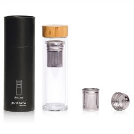 The Catalogue Tea & Fruit Infuser Bottle is a glass bottle with a stainless steel infuser and strainer. Bamboo lid. BPA free.