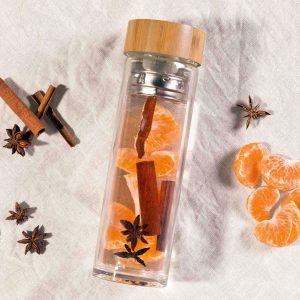 The Catalogue Tea & Fruit Infuser Bottle is a glass bottle with a stainless steel infuser and strainer. Bamboo lid. BPA free.