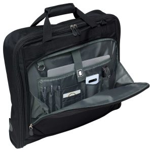 The Catalogue Transporter Garment Bag is a polyester bag with an interior hanger bracket. Multiple pouches and pockets.