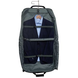 transporter-garment-bag-black-suit-bag The Catalogue Transporter Garment Bag is a polyester bag with an interior hanger bracket. Multiple pouches and pockets.