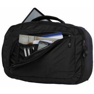 The Catalogue Urban Compu Brief Bag is a polyester bag with multiple compartments. Backpack straps and carry handles.