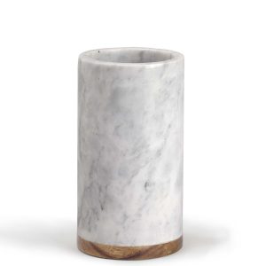 The Catalogue Vino Marble Cooler is a marble cooler with an acacia wood base. White marble. Insulating to keep bottles chilled.