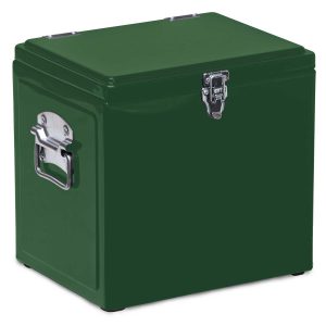The Catalogue Vintage Cooler Box is an iron outer cool box with a leak proof, insulated liner. Side carry handles. Available in 5 colours.