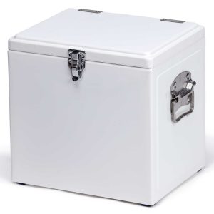 The Catalogue Vintage Cooler Box is an iron outer cool box with a leak proof, insulated liner. Side carry handles. Available in 5 colours.