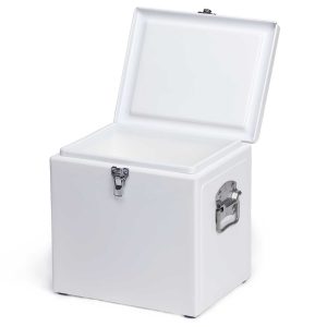 The Catalogue Vintage Cooler Box is an iron outer cool box with a leak proof, insulated liner. Side carry handles. Available in 5 colours.