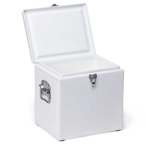 The Catalogue Vintage Cooler Box is an iron outer cool box with a leak proof, insulated liner. Side carry handles. Available in 5 colours.