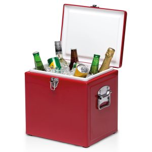 The Catalogue Vintage Cooler Box is an iron outer cool box with a leak proof, insulated liner. Side carry handles. Available in 5 colours.