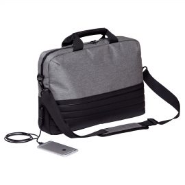 The Catalogue Wired Brief Bag is a polyester, water resistant bag. Integrated cable for charging a device. Available in Grey Melange/Black.