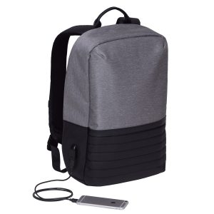 The Catalogue Wired Compu Backpack is a polyester, water resistant backpack. Integrated cable for charging a device. Available in Grey Melange/Black.